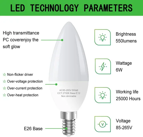 Vista 5 de GOSCHE - Paquete de 6 bombillas LED E12 para ventilador de techo, bombillas LED de candelabro equivalentes a 60 vatios, bombilla tipo B