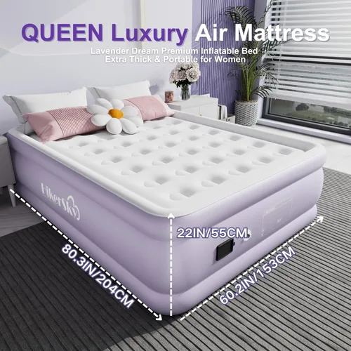 Vista 2 de Colchón de aire Queen con bomba de batería inalámbrica integrada, cama inflable de 22 pulgadas para campamento, hogar, textura de terciopelo grueso