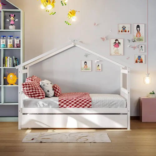 Vista 129 de Merax Cama de madera de tamaño individual con dos cajones, marco de cama de madera con techo para niños, adolescentes, niños o niñas, gris