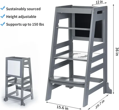 Vista 7 de UNICOO Taburete de cocina de bambú de altura ajustable para niños, torre de aprendizaje y taburete auxiliar para baño, encimera de cocina, diseñado