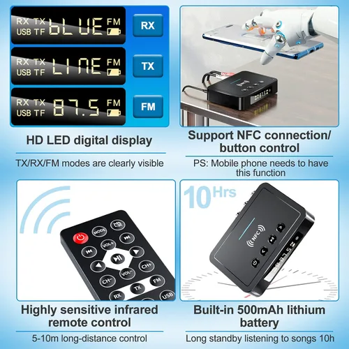 Vista 5 de Adaptador receptor transmisor Bluetooth 5.0 Audio 3 en 1 Adaptador de audio Bluetooth 0.138 in AUX RCA óptico USB HiFi música estéreo, FCC Pass