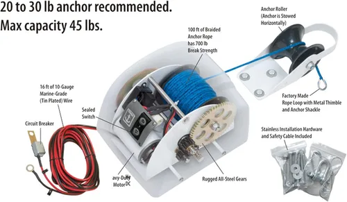 Vista 2 de Cabrestante de anclaje eléctrico de 45 libras con control remoto inalámbrico, cabrestante de anclaje eléctrico de barco de 12 V con control remoto