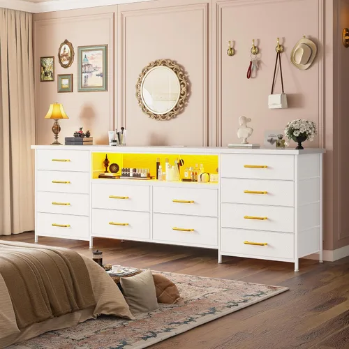 Vista 10 de Romorgniz Cómoda de 63 pulgadas para dormitorio con 12 cajones de tela, cómoda negra con luces LED y tomas de corriente, soporte de TV para TV de 70