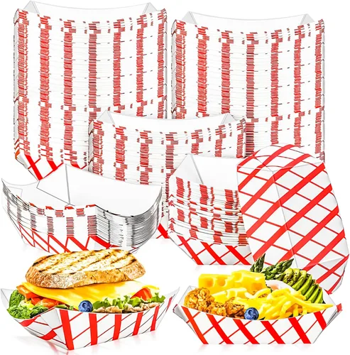 Vista 10 de MotBach Paquete de 120 bandejas de papel desechables de 2 libras de papel para barcos, bandeja de servir comida kraft, cestas para aperitivos