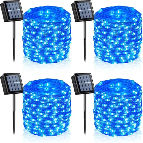YEGUO Paquete de 4 luces solares azules, cada 33 pies 100 luces LED de Navidad impermeables para exteriores, 8 modos de alambre plateado
