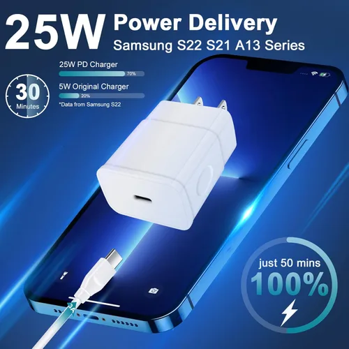 Vista 3 de Turbo Charger tipo C 25W Fast Cube para Samsung Galaxy A17 A16 5G A35 A15 A26 A36 A56 A55 S25 S24 Ultra A25 S23 FE S22 A23, Google Pixel 9 Pro XL 8