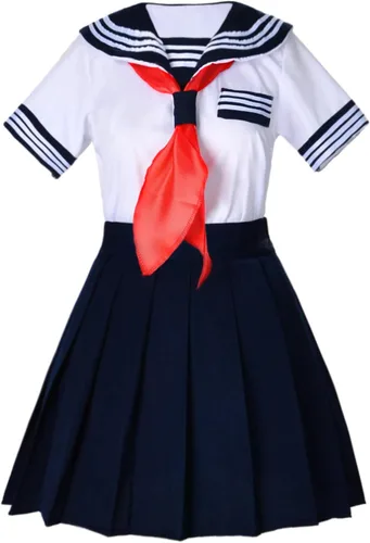 Vista 8 de Uniforme de manga corta para niñas de escuela japonesa, falda plisada azul marino, disfraz de anime con calcetines