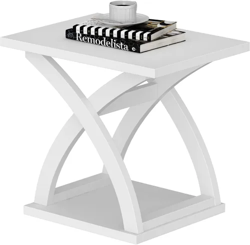 Vista 10 de ChooChoo - Mesa auxiliar lateral, mesa auxiliar moderna con estante de almacenamiento, mesa auxiliar de diseño en X para sala de estar (Negro)