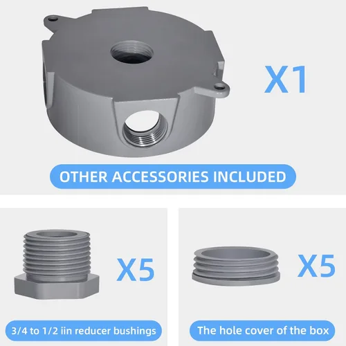 Vista 3 de Caja de Salida Eléctrica Redonda, Resistente a la Intemperie 5 Agujeros-1/2 o 3/4 pulgadas Caja de Salida Eléctrica, Listado UL, Caja de Conexiones