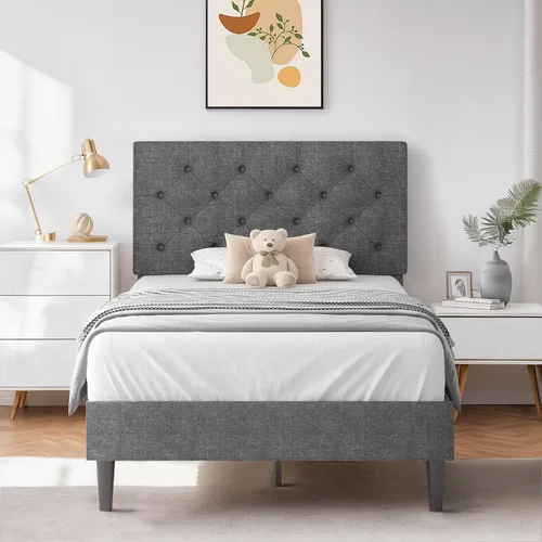 Vista 20 de HOMBCK Marcos de Cama Individuales para Niños, Marco de Cama Plataforma Tapizada Tamaño Individual con Cabecera Acolchada/Listones de Madera/No