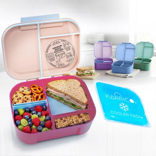 Vista 12 de KARRICO Lonchera a prueba de fugas, caja Bento de 3 compartimentos, paquete refrigerante y divisor ajustable, extra grande y sin BPA, apta para Verde