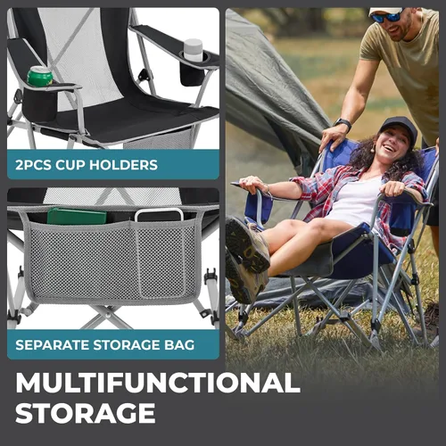 Vista 8 de FUNDANGO Silla mecedora para campamento, respaldo de malla alta, sillas de campamento plegables portátiles con almohadas, portavasos y bolsa