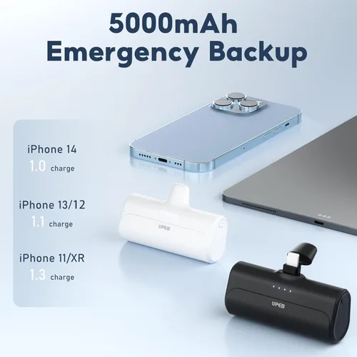 Vista 3 de Paquete de 2 cargadores de teléfono portátiles para iPhone de 5000 mAh con cable integrado, mini banco de energía con certificación MFi, cargador