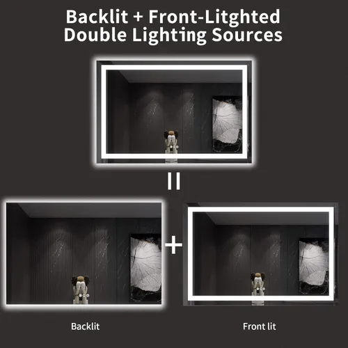 Vista 231 de LOAAO Espejo de baño LED de 28 x 36 pulgadas con luces, antiniebla, regulable, retroiluminado + iluminado frontal, espejo de tocador de baño