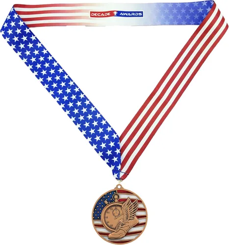 Vista 3 de Decade Awards Track & Field - Medalla patriótica - Oro, plata, bronce Premio al running rojo, blanco y azul con cinta de estrellas y rayas
