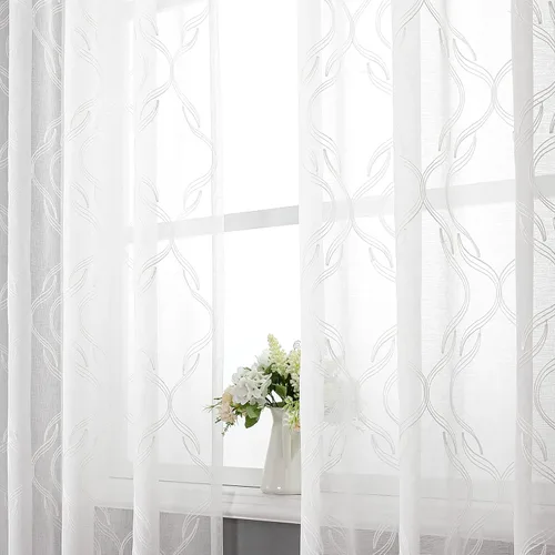 Vista 13 de VISIONTEX Cortinas traslúcidas blancas de 95 pulgadas de largo, juego de 2 paneles de cortinas beige marroquíes bordadas en enrejado, textura