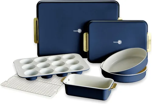 Vista 17 de GreenPan Juego de utensilios para hornear, 7 piezas de cerámica antiadherente con mango dorado para hornear, moldes para pasteles, molde para pan