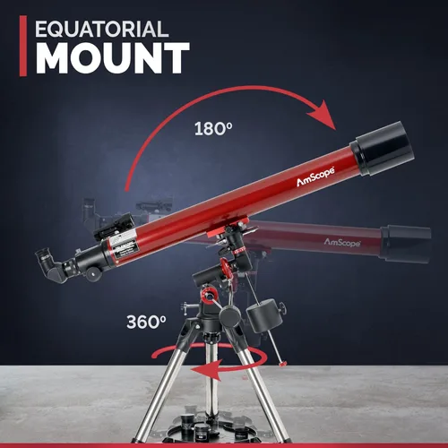 Vista 6 de AmScope Telescopio Refractor EQ con montaje ecuatorial, apertura de 2.756 in, longitud focal de 35.433 in, trípode de acero inoxidable y buscador