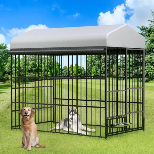 Vista 9 de Rovibek Perrera para Perros con Techo, Caseta para Perros al Aire Libre con Cubierta Resistente al Sol de 3 Lados, Caseta Grande para Perros al Aire