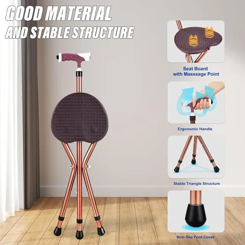 Vista 4 de Combo de asiento de caña plegable, capacidad de 400 libras, práctico taburete plegable con muleta, asiento de 3 patas, altura ajustable, resistente
