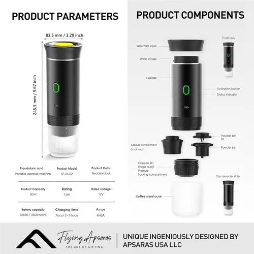Vista 7 de Máquina de café espresso portátil, cafetera eléctrica inalámbrica 3 en 1, cafetera autocalentable compatible con café molido, con USB-C