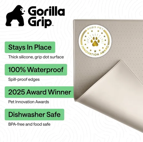 Vista 2 de GORILLA GRIP Alfombrilla para mascotas 100% impermeable con bordes elevados de silicona sin BPA, alfombrillas para comida de gatos y perros que