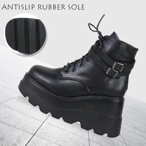 Vista 4 de CELNEPHO - Botas de plataforma para mujer, puntera cuadrada, con agujetas, cierre, tacón alto, al tobillo., Negro, 9.5
