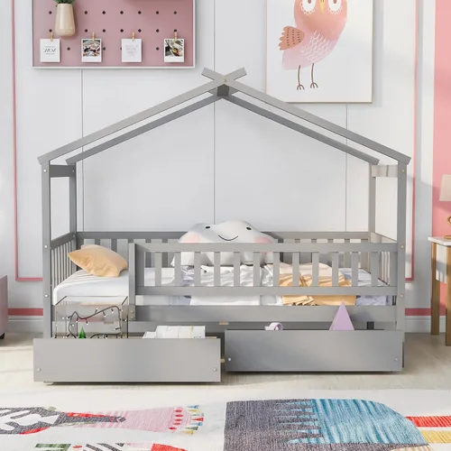 Vista 92 de Merax Cama de madera de tamaño individual con dos cajones, marco de cama de madera con techo para niños, adolescentes, niños o niñas, gris