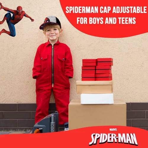Vista 3 de Marvel Spiderman - Gorra de béisbol para niños sombrero y gorra ajustada visera plana diseño de Spiderman de béisbol en rojo y Marvel