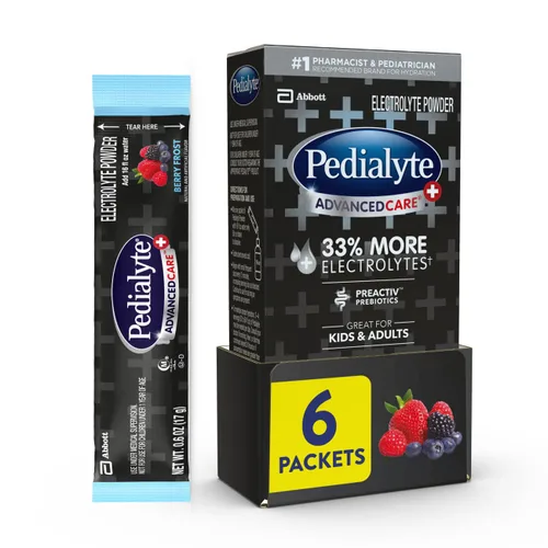 Vista 22 de Pedialyte AdvancedCare Plus Electrolyte Powder, tiene un 33% más de electrolitos y prebióticos PreActiv, brisa de naranja, 6 paquetes de polvo