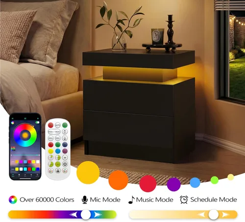 Vista 7 de Generic Juego de 2 Mesitas de noche con 2 cajones, mesa de noche con cajones para muebles de dormitorio, mesa auxiliar con luz LED, color negro