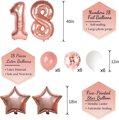 Vista 4 de Decoraciones de cumpleaños número 18 para niñas, pancarta de feliz cumpleaños, globo de aluminio número 18, decoración de pastel de papel de abanico