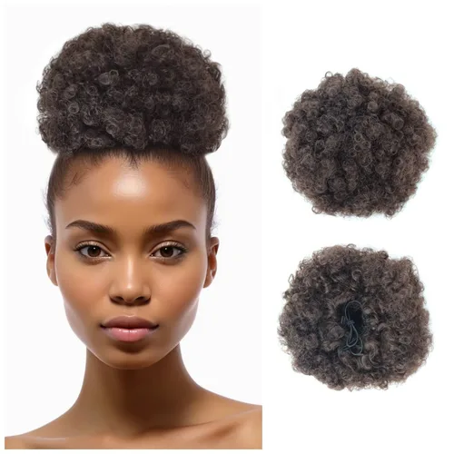 Vista 8 de Extensión de cola de caballo afro con cordón, corta sintética afro rizada para cabello natural, clip en cordón rizado, moño (grande, 1B#)