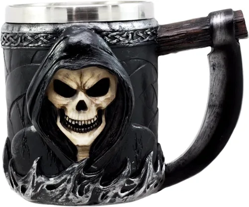 Vista 2 de Ebros Gift Taza de café con mango de guadaña para el Día de los Muertos, diseño de calavera de calavera y cerveza, 14 onzas