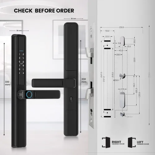 Vista 4 de Cerradura de puerta inteligente para puertas correderas – entrada sin llave 6 en 1 con huella digital, código de acceso, tarjeta IC, control