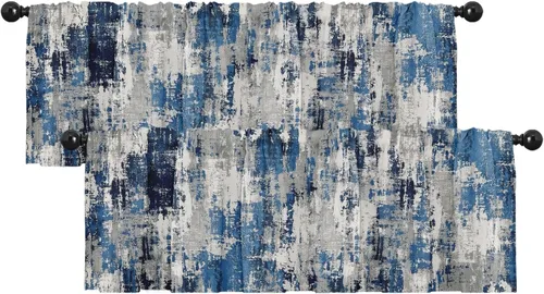 Vista 23 de Emvency Paquete de 2 cenefas para ventana, cortinas opacas de arte moderno abstracto azul, cortinas ajustables para ventanas, sala de estar, cocina