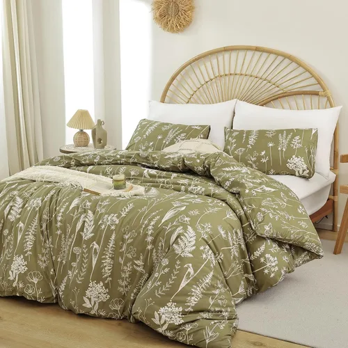 Vista 2 de Janzaa 3 fundas de edredón de tamaño queen, diseño floral, color blanco, estampado botánico en Qlive Geen, funda de edredón suave con cierre