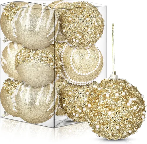 Vista 10 de Liliful 12 piezas Adornos de esferas de Navidad, decoraciones para árbol de Navidad, esferas de espuma con brillantina inastillables, adornos