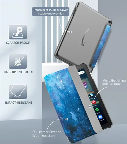 Vista 3 de MoKo Funda para tableta Amazon Kindle Fire HD 8 y 8 Plus (12/10ª generación, 2022/2020), funda de piel sintética con soporte triple y carcasa azul