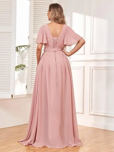 Vista 2 de Vestidos de dama de honor con cuello en V y mangas con vuelo, para boda, vestido largo de gasa formal con bolsillos