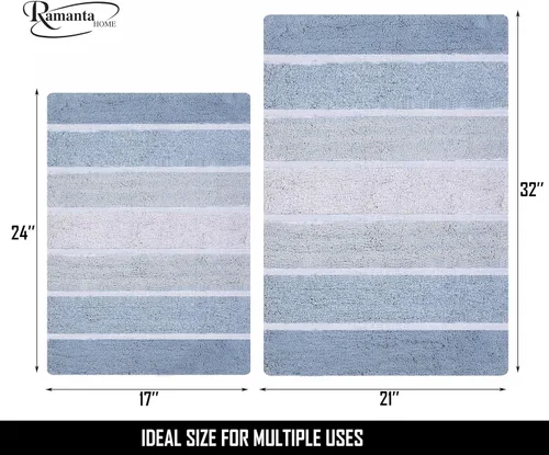 Vista 9 de Ramanta Home Juego de 2 alfombras de baño acolchadas a rayas 100% algodón, color azul y blanco, antideslizantes, absorbentes, súper suaves