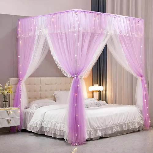 Vista 9 de VETHIN Cortina de cama de 4 esquinas con volantes estilo princesa - Doble capa de cortina con diseño acogedor y red para mosquitos para dormitorio
