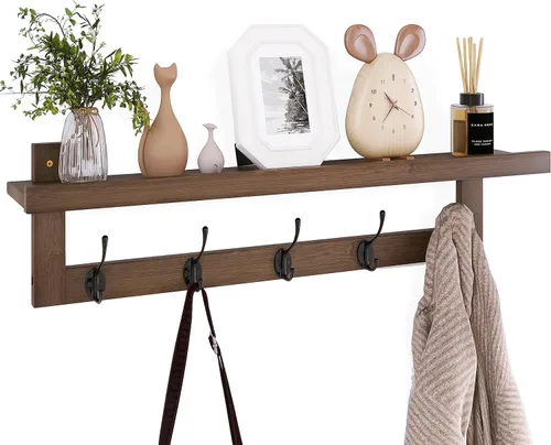 Vista 10 de SMIBUY Ganchos para abrigos con estante montado en la pared, perchero de entrada de 29.2 pulgadas para pared, estante colgante de bambú con 5