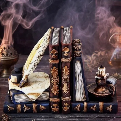 Vista 5 de Bellaa 26324 Sujetalibros Vintage de Mago con Pluma de Ave y Botella de Tinta con Lámpara de Aceite Estilo Antiguo Granja Casa de Campo Cabaña Lodge