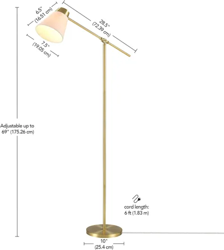 Vista 5 de Globe Electric Lámpara de pie de 69 pulgadas, brazo oscilante, chapado en latón mate, pantalla de tela cónica blanca, interruptor giratorio