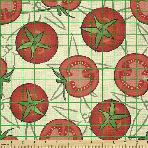 Vista 2 de Ambesonne Vegan Fabric by The Yard, Whole and Half Tomatoes on Pale Yellow Green Leaves Salad Ingredient, Microfiber Fabric for Arts and Crafts