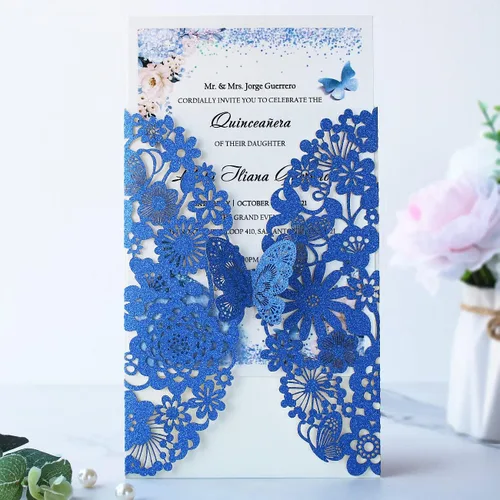 Vista 45 de Hosmsua 20 tarjetas de invitación de boda de champán con sobres de 5.12 x 7.3 pulgadas, cortadas con láser, mariposa, encaje, invitación para boda