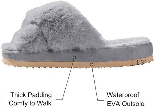 Vista 5 de Comwarm Pantuflas mullidas de banda cruzada para mujer, con puntera abierta, acogedoras, de felpa, para dormitorio, interiores y exteriores