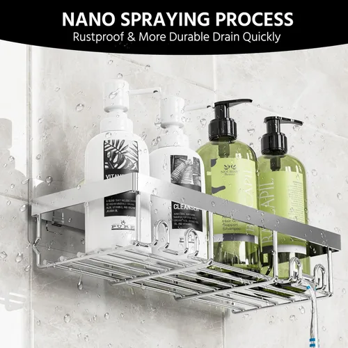 Vista 3 de Moforoco Juego de 3 cestas de ducha con estante y soporte para jabón, sin perforación, adhesivo sin rastro, estantes de pared para ducha