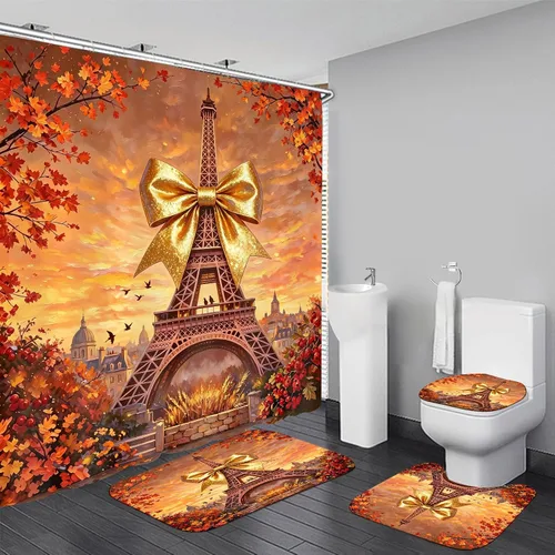 Vista 11 de Chrainy Juego de 4 cortinas de ducha de la torre Eiffel de París, botella de perfume, flores, negro, decoración de baño con 12 ganchos